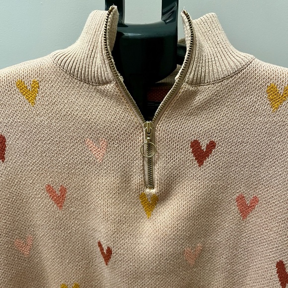 LOFT Multicolor Heart Patterned Quarter Zip Sweater - Size Medium - Picture 4 of 6